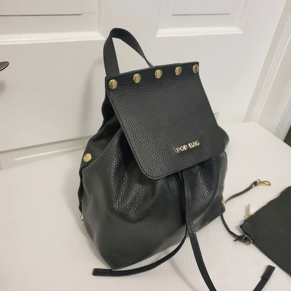 Pop BAG Black Pebble Grain Leather Backpack Top Handle Bag With Pouch - Picture 3 of 10